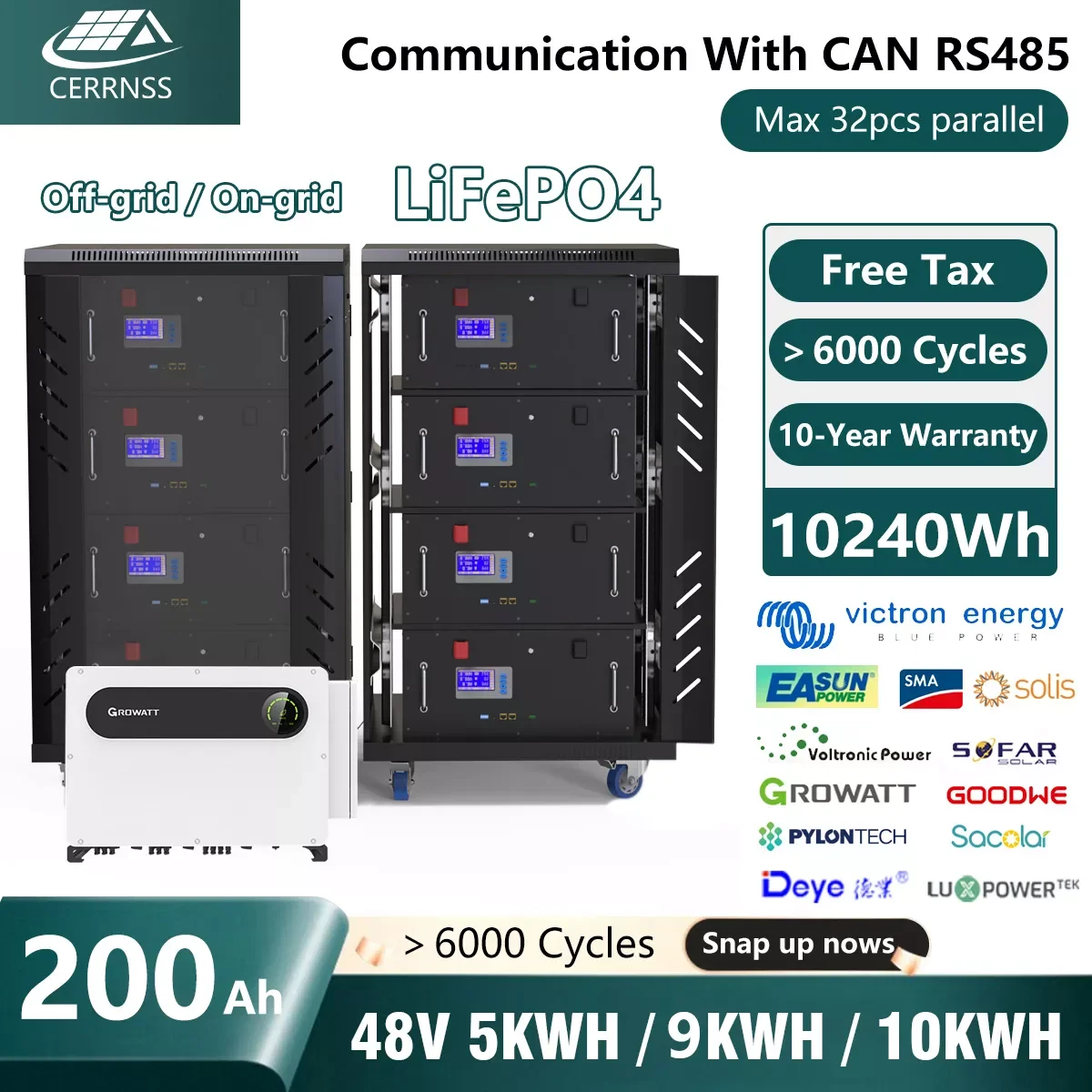 

48V 200Ah LiFePO4 10KW 9KW Lithium Battery Pack＞6000 Cycles Super Parallel With CAN RS485 200A BMS For Off/On-Grid Solar No Tax