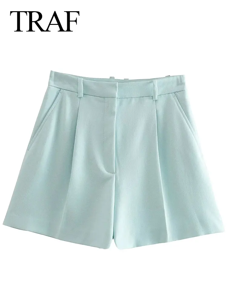 

Летние простые удобные модные офисные женские шорты TRAF, Элегантные Синие универсальные удобные прямые женские шорты