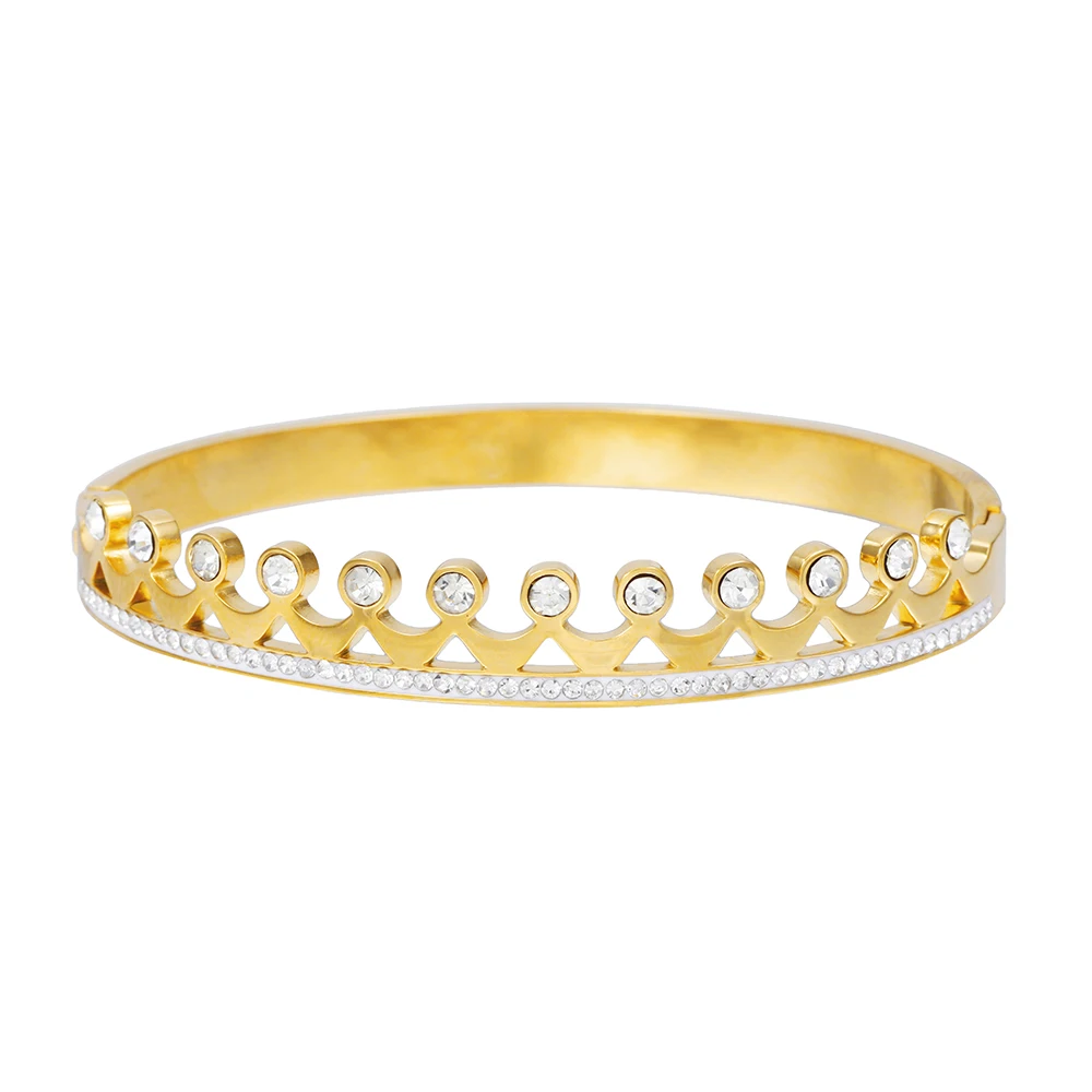 

Party Gift Crown Bangle Stainless Steel CZ Crystal Bangle For Women Rose Gold Silver Gold Color Wedding Bracelets Jewelry