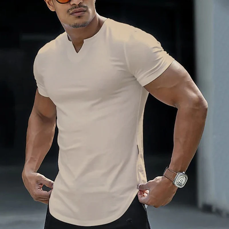

Casual Slim Fit Sports T Shirt Mens Summer Short Sleeve V Neck Skinny Stretch Tees Leisure Men Clothes Streetwear Pullover Tops