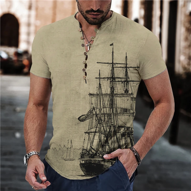 

2023 Spring And Autumn New Vintage Sailboat Printed Men's Shirt Fashion Casual Stand Collar Button Top Luxury Party Cardigan 3XL