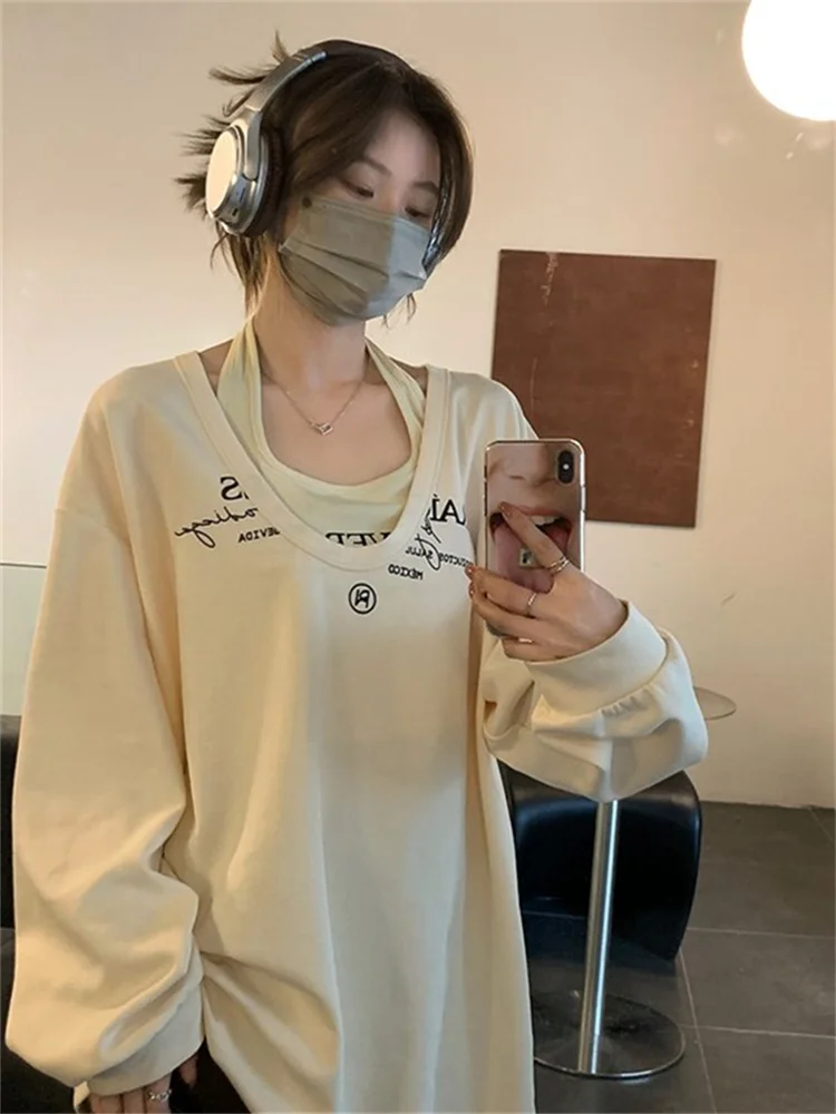 

QWEEK Korean Fashion Long Sleeve T-Shirt Women Y2K Egirl Beige Two Piece Set Female Oversized Kpop Hot Letter Print Khaki Tees