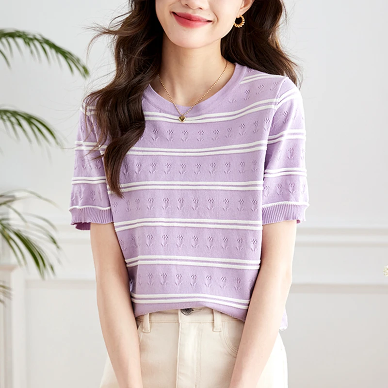 

2023 Summer Striped Knitted T Shirt Women Tops Hollow Out T Shirts Korean Clothing Short Sleeve Tee Shirt Femme Poleras Mujer