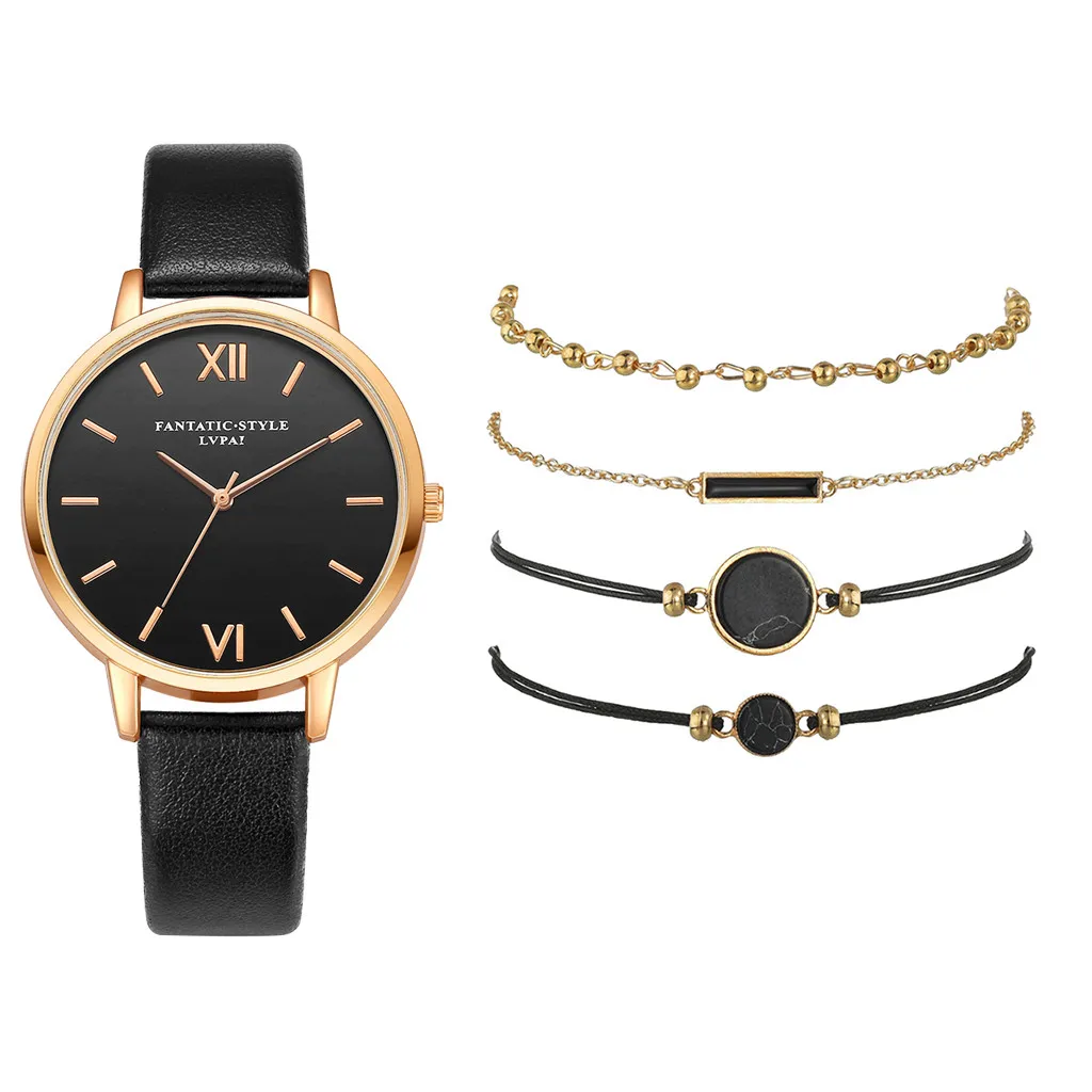 

5pcs Set Top Style Fashion Women's Luxury Leather Band Analog Quartz Wristwatch Ladies Watch Women Dress Reloj Mujer Black Clock