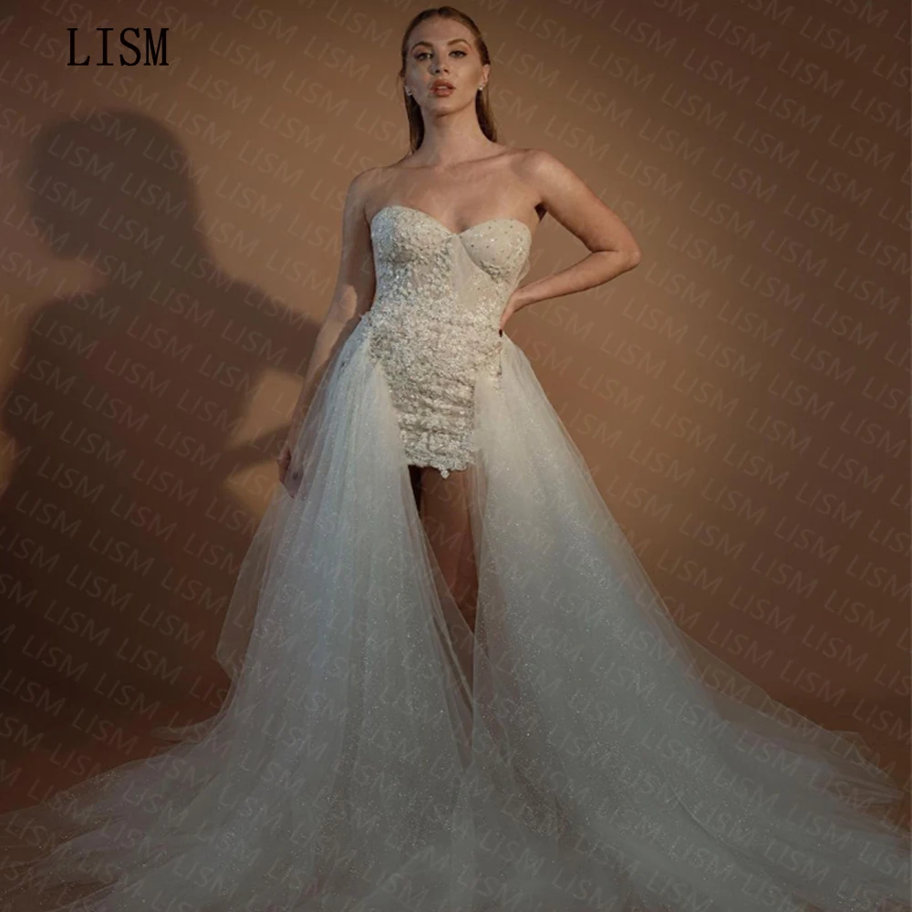 

LISM Luxury Sweetheart Strapless Asymmetric Tulle Wedding Party Dress Appliques Sleeveless Floor Length Custom Made Outfits