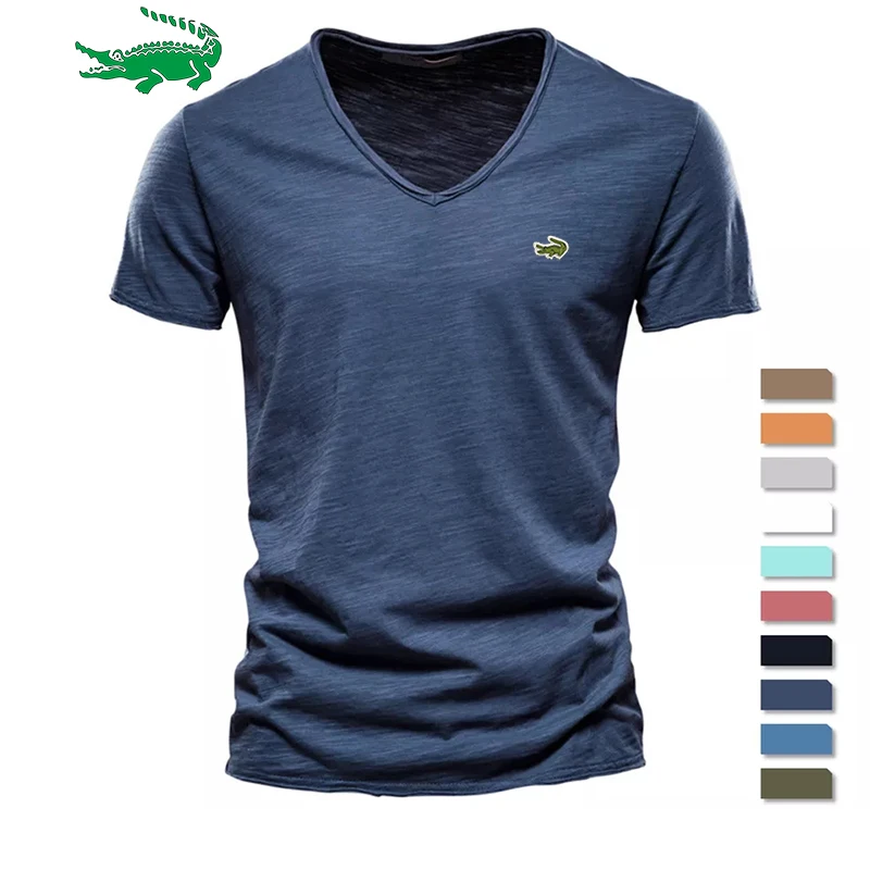 

Cotton Men T-shirt V-neck Fashion Design Slim Fit Soild T-shirts Male Tops Tees Short Sleeve T Shirt For Men