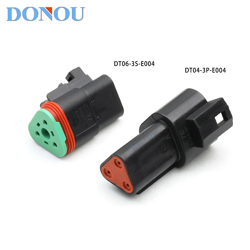 Фото Комплект из 2-х 3-контактных водонепроницаемых разъемов TE Type DT04-3P-E004/DT06-3S-E004 (новые, штекер-гнездо, автомобильный адаптер) №1