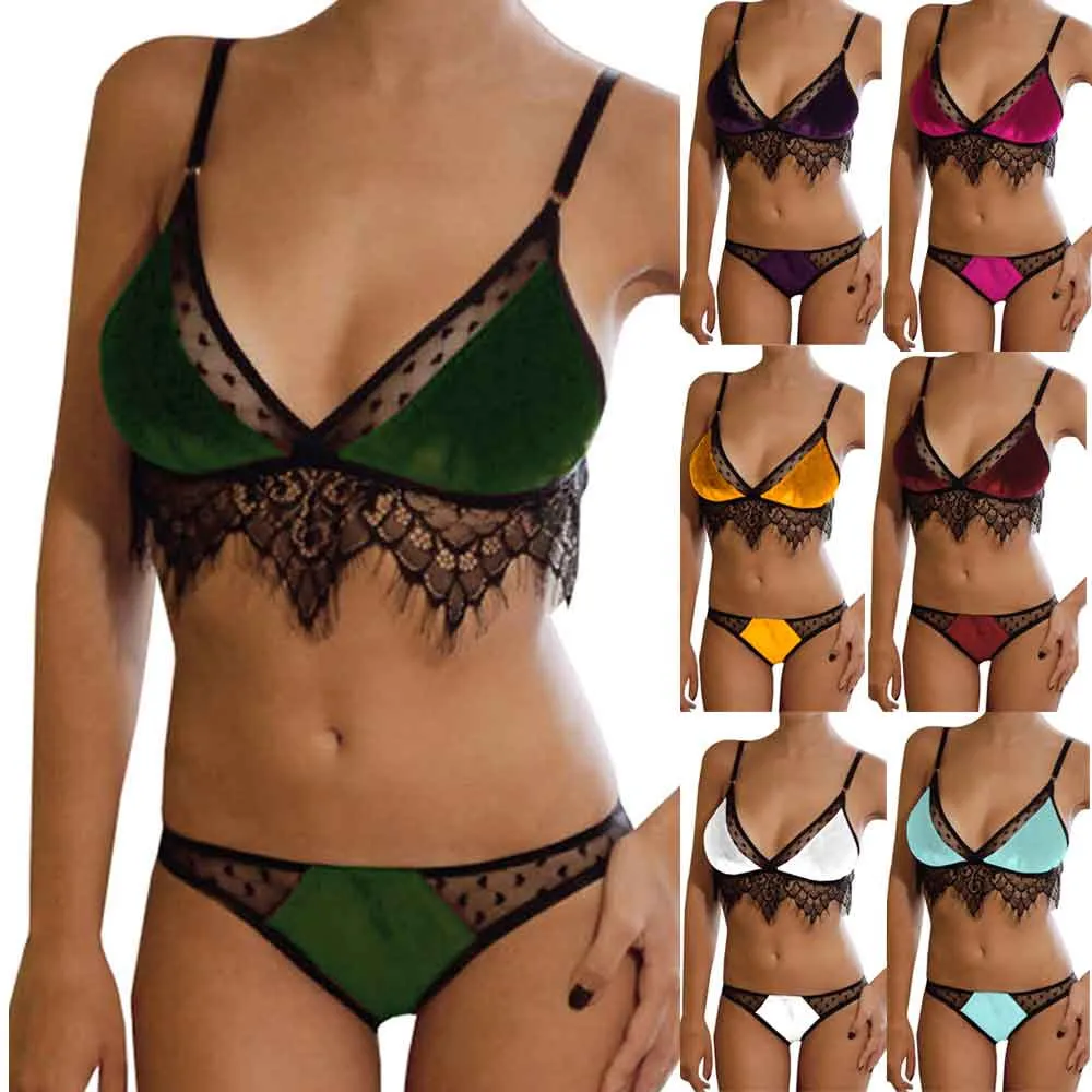 

Women's Ultra-thin Cup Bra & Brief Sets Mesh Underwear Womens Velvet Eyelash Lace Lingerie Bodydoll Lace Details Pajamas Set