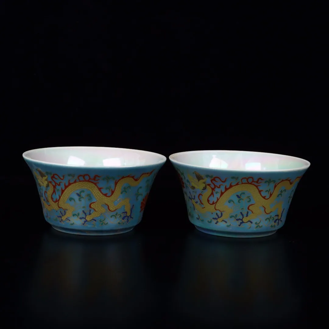 

3"Chinese Folk Collection Old Porcelain ice blue glaze pastel Dragon and Phoenix mouth cup a pair cup offering bowl Town house