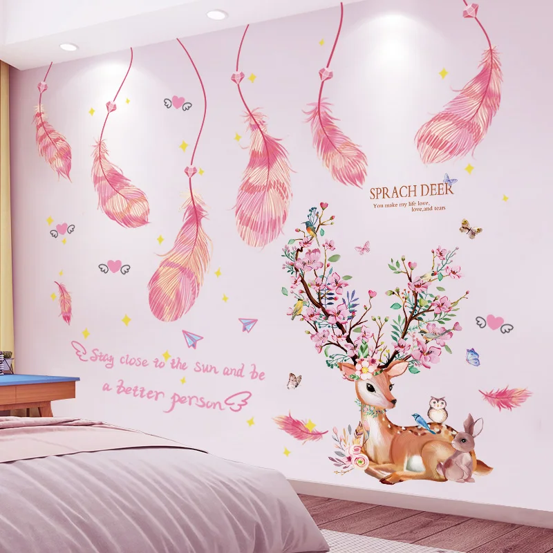 

[SHIJUEHEZI] Deer Animal Wall Stickers Decor DIY Cartoon Feathers Wall Decals for Kids Room Baby Bedroom Nursery Home Decoration