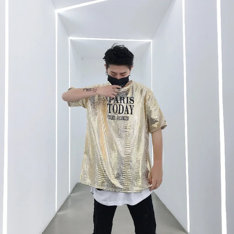 

Футболка YASUGUOJI с серебристым металлическим змеиным узором 2021 пробы, мужские блестящие футболки для дискотеки и вечеринки, Мужская футболка,...