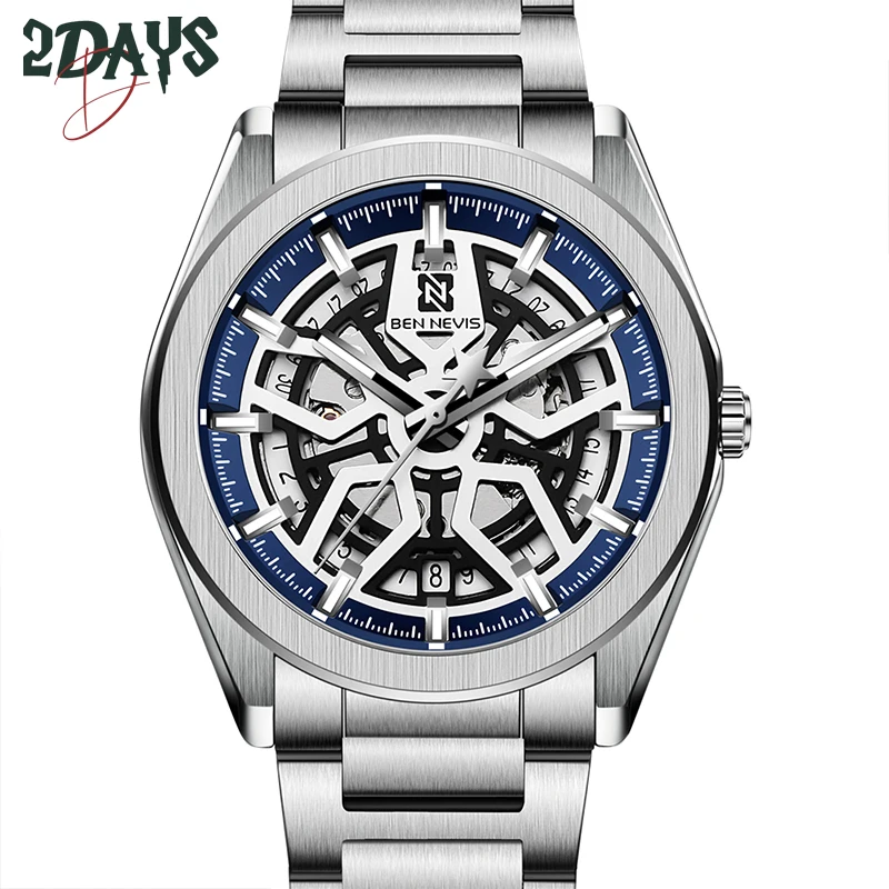 

Men Auromatice Mechanical Watch Skeleton Military Sport Stainless Steel Strap Self Wind Watch Creative Turntable Calendar Clock