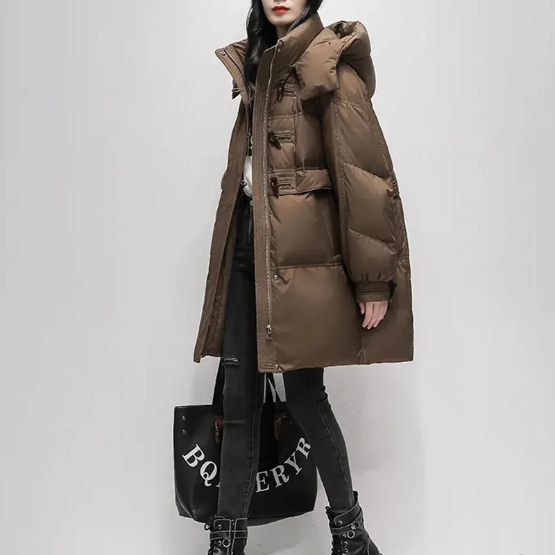 

Новинка 2022, женская зимняя модная длинная куртка на 90% белом утином пуху, женские толстые теплые свободные пуховики, женская верхняя одежда с капюшоном