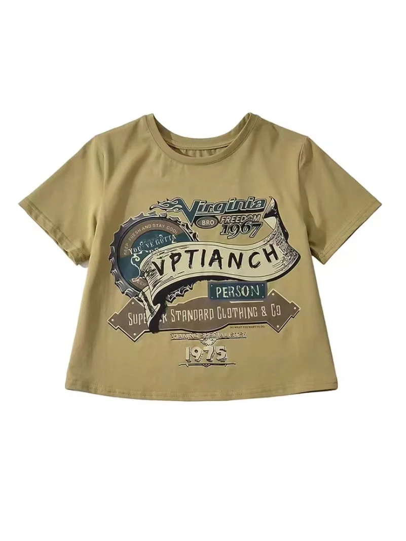 

Футболка женская с принтом букв, круглым вырезом и надписью