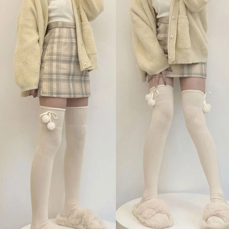 

Women Winter Warm Knit Thigh High Stockings Cute Plush Bowknot Over Knee Socks