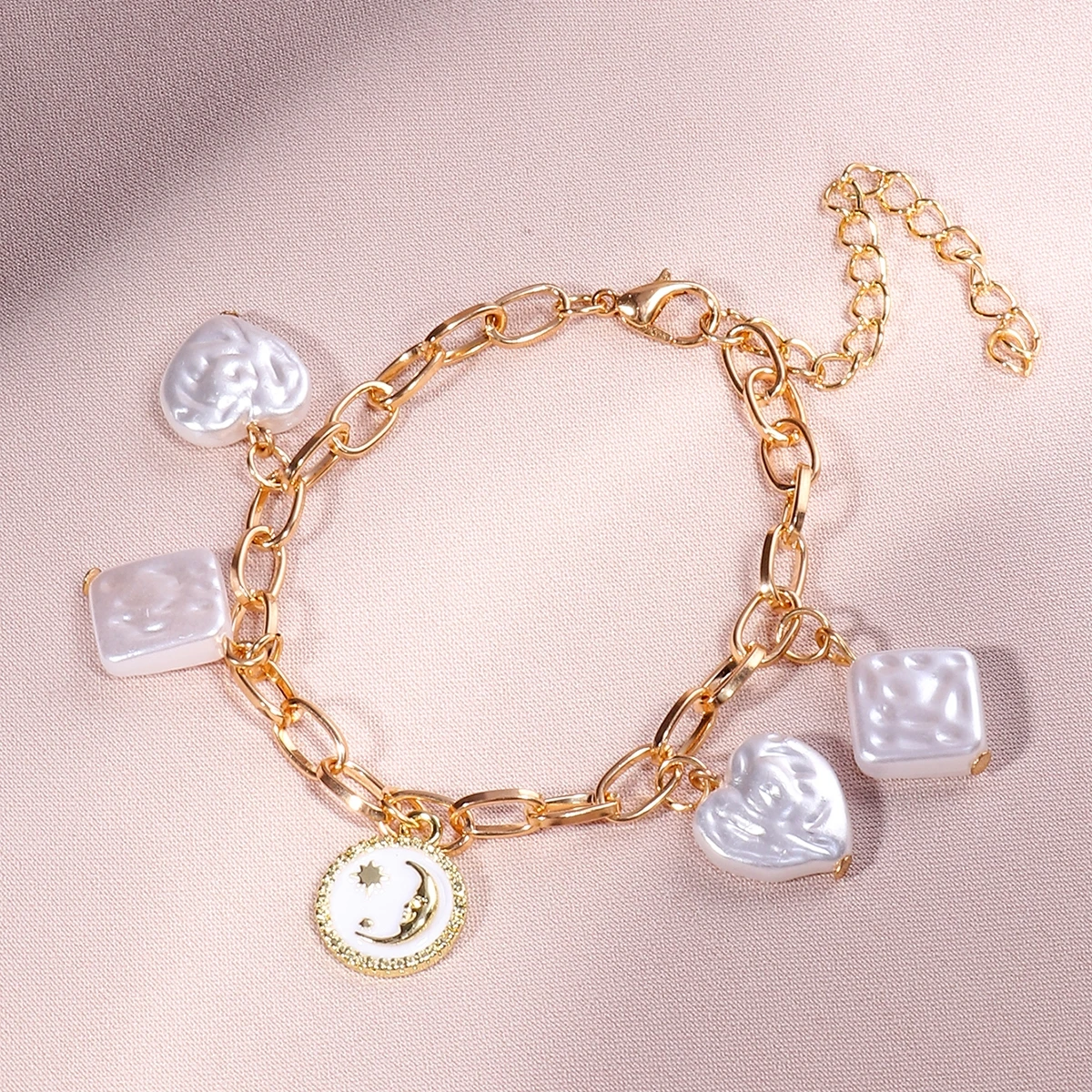 

Fashion Gold Color Link Chain Sun Moon Stars Bracelets for Women Men Heart Shaped Pearls Charms Bracelets & Bangle Boho Jewelry