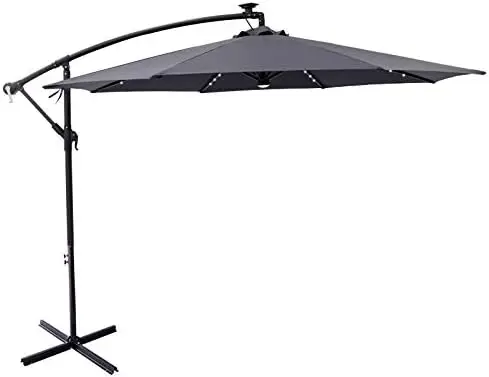 

ft Half Round Outdoor Market Umbrella with Solar LED Lights and Tilt, Black Umbrella corporation Rain poncho Umbrella holder O