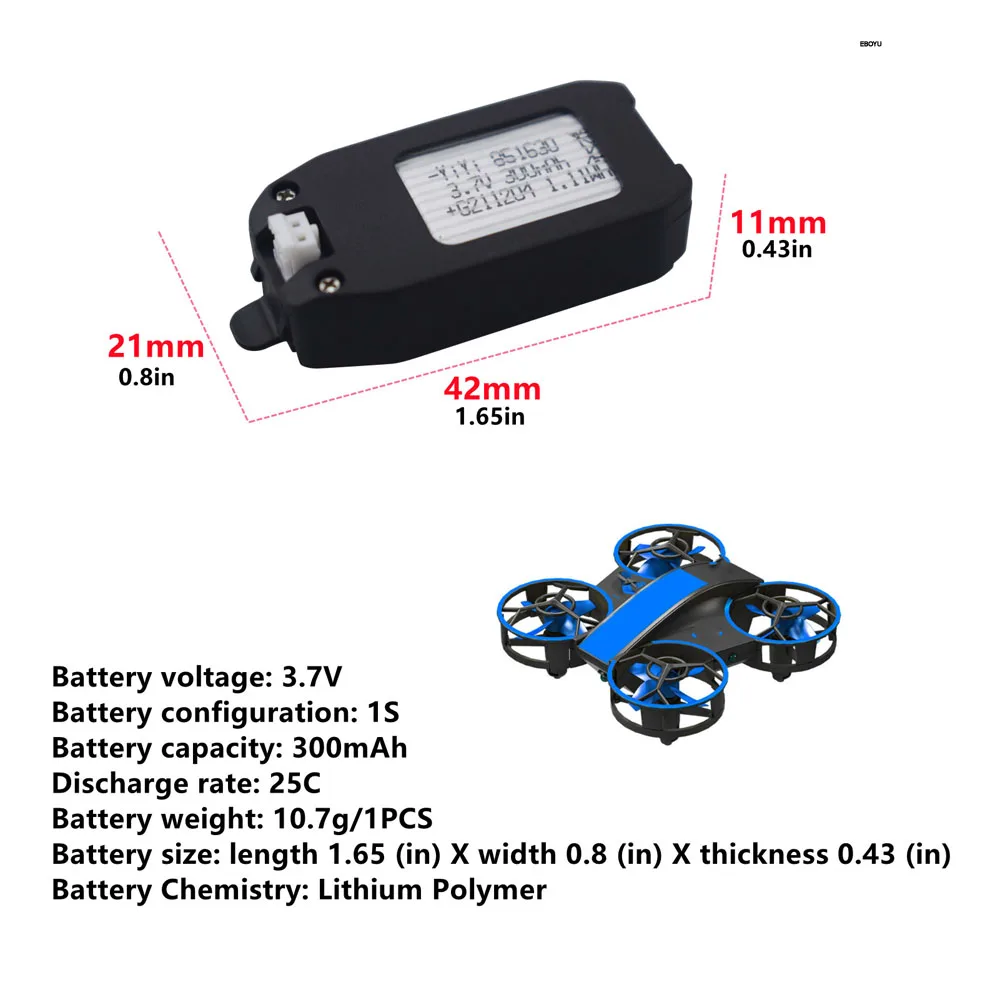 EBOYU 3.7V 300mAh RC Drone Li Battery with USB Charger for NH330 RH821 RC Drone Quadcopter Helicopter Replacement Battery images - 6