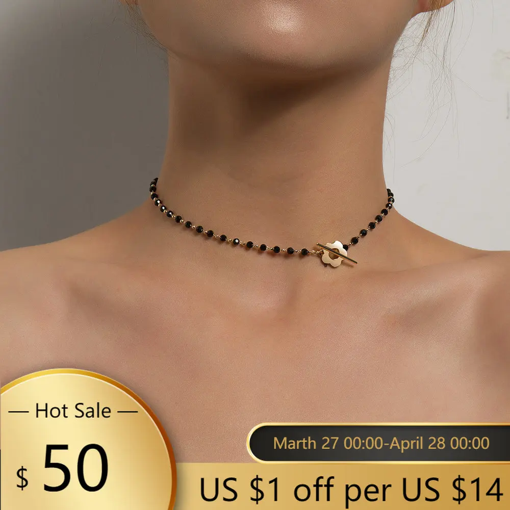 

2023 New Fashion Luxury Black Crystal Glass Bead Chain Choker Necklace For Women Flower Lariat Lock Collar Necklace Gifts