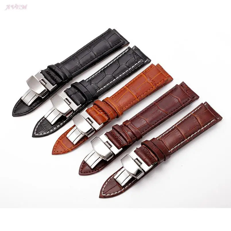 

12mm/13/14/15/16/17/18/19/20/21/22/23/24mm Genuine Leather Calfskin Watchband Universal Band Butterfly Steel Buckle Wrist Belt