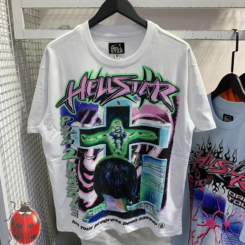 

European Size Hellstar Path 2 Online Tee White Oversize Short Sleeve Men Women Hip Hop America Streetwear Cotton Gothic T-Shirt