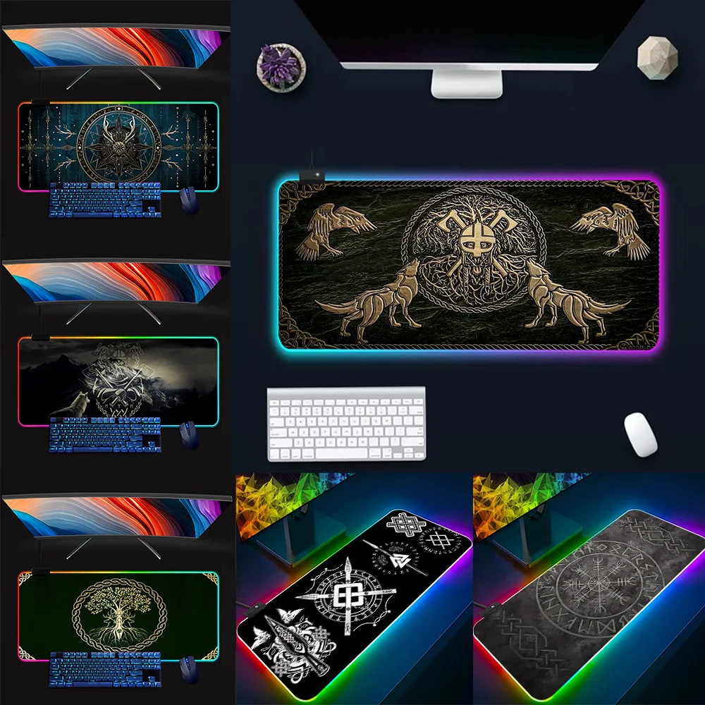 Viking Nordic Мистический символ RGB ПК Геймер Клавиатура Коврик для мыши Светодиодные