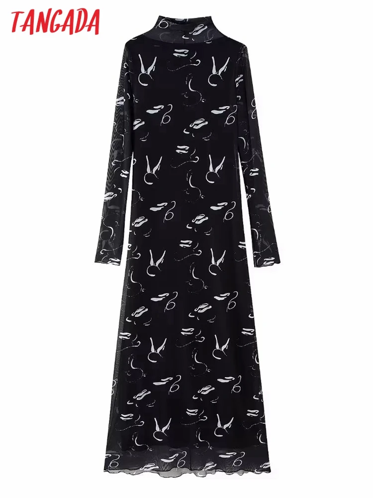 

Tangada Women 2023 with Lining Print Mesh Long Dress Vintage Stand Neck Long Sleeve Female Dresses BE238