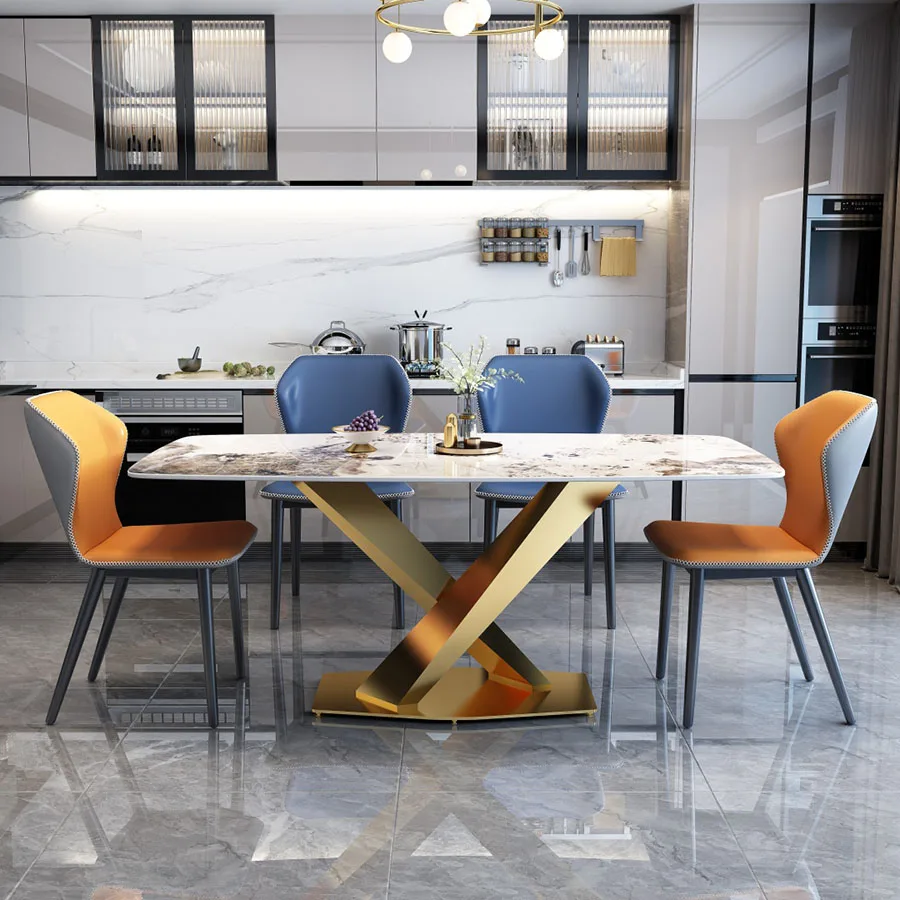 Luxus Rechteckiger Esstisch im Fiskischen Stil Edelstahl beine Dek tipoter Marmor Wohnzimmer Schlafzimmer Premium Haushalt