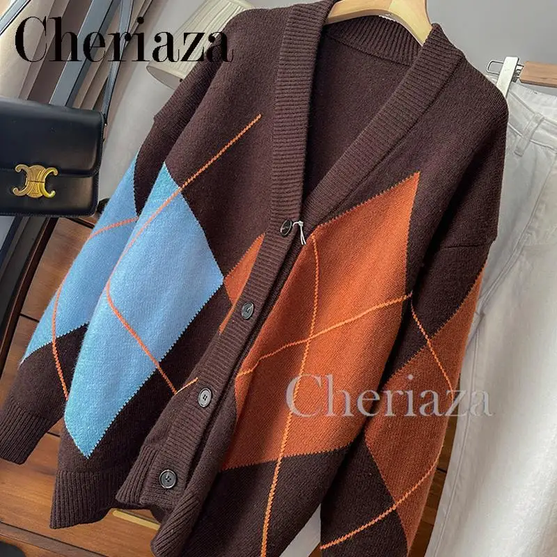 

Cheriaza 2023 Autumn Winter Women New Knitwear Cardigan Fashion Simplicity Check Versatile V Neck Long Sleeved Loose Sweater