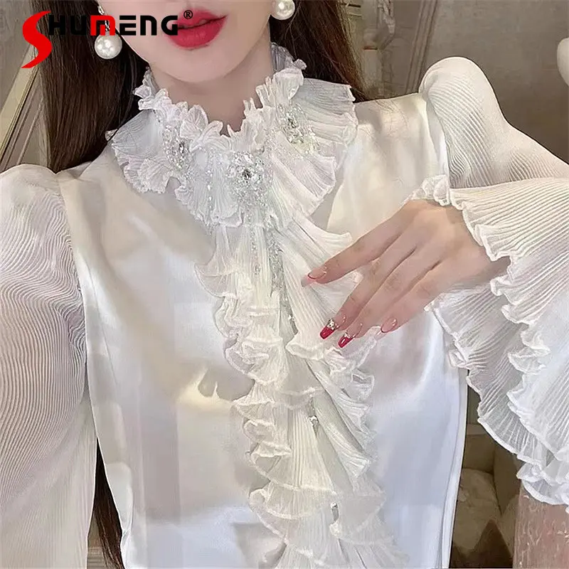 

Vintage Court Style Heavy Industry Beads Ruffled Shirt Women's Design Chiffon Socialite Stand Collar Long Sleeve Blouse