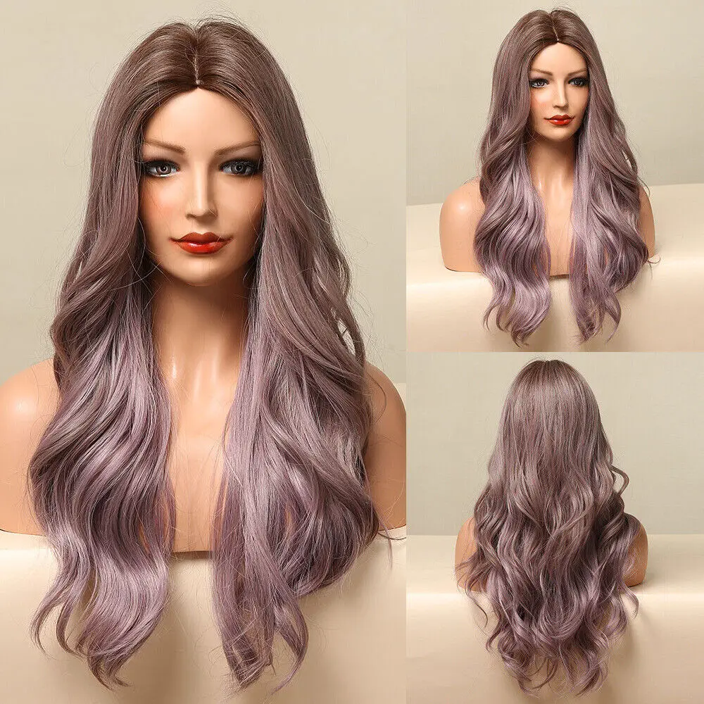 Ombré Ash Purple Объемная волна Длинный парик Женский костюм Вечеринка Повседневный