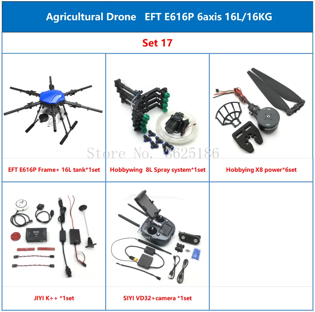 

EFT E616P Six-axis 16L 16KG Agricultural Spray Drone Frame Kit Brushless Spray system with Hobbywing X8 Power FC VD32 T12 RC Kit