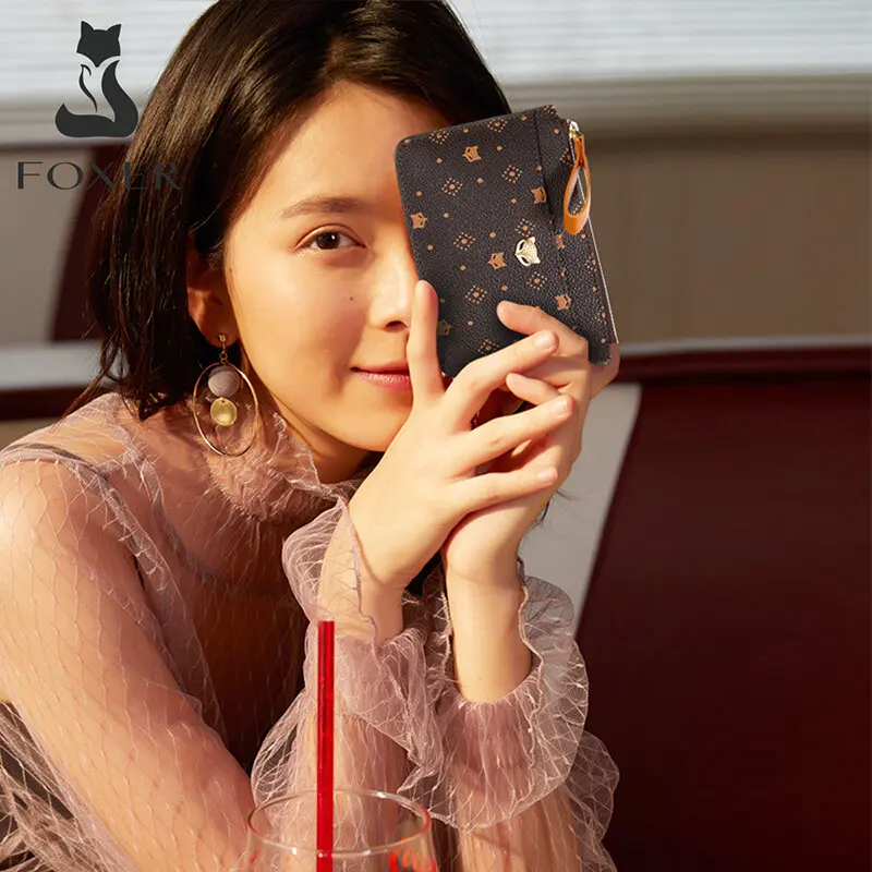 FOXER PVC Leather Card Holder Women Zipper Coin Packet Lady Key Bag Small Bus ID Card Wallet Light Thin Clutch Bag Fashion Purse