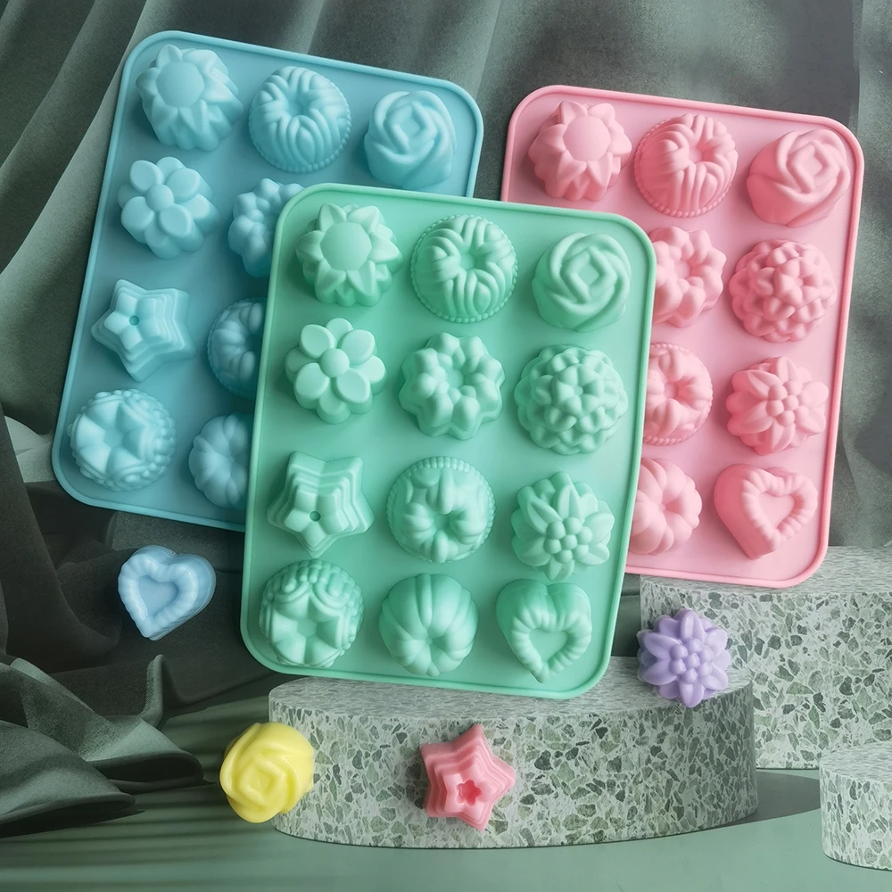 

12 Cavity Silica gel Mold, Kitchen Supplies Cupcake Jelly Candy Decoration DIY Baking Tools, Flowers Reusable Silicone Cake Mold