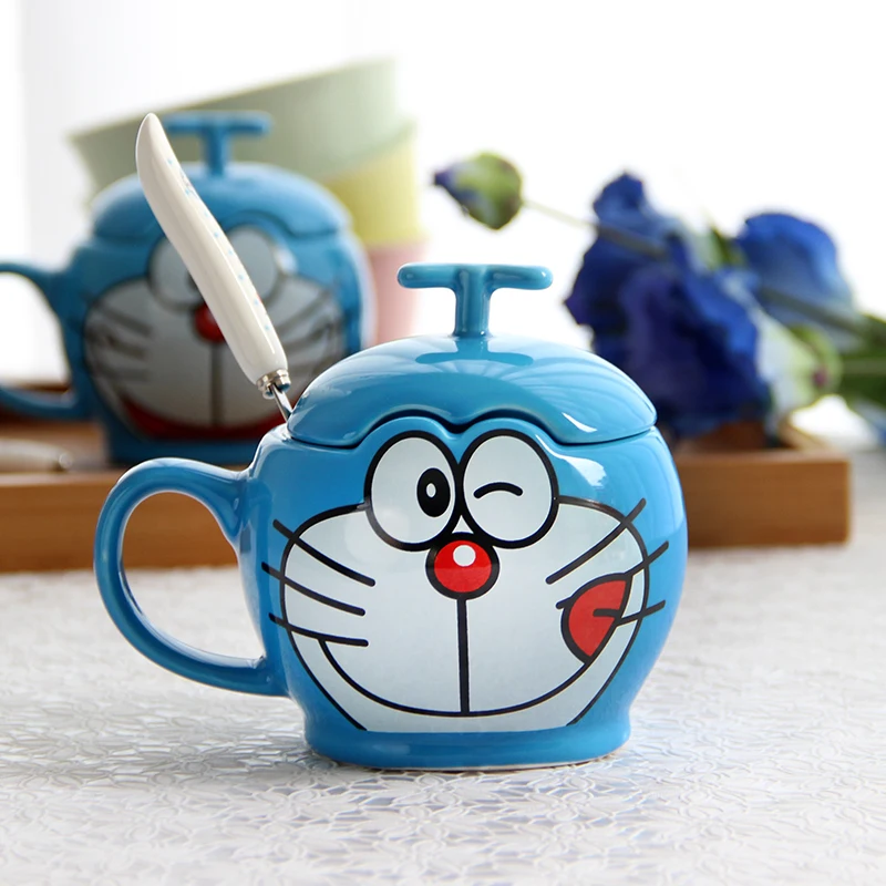 

Kawaii Doraemon Cartoon with Lid with Spoon Ceramic Coffee and Milk Mug