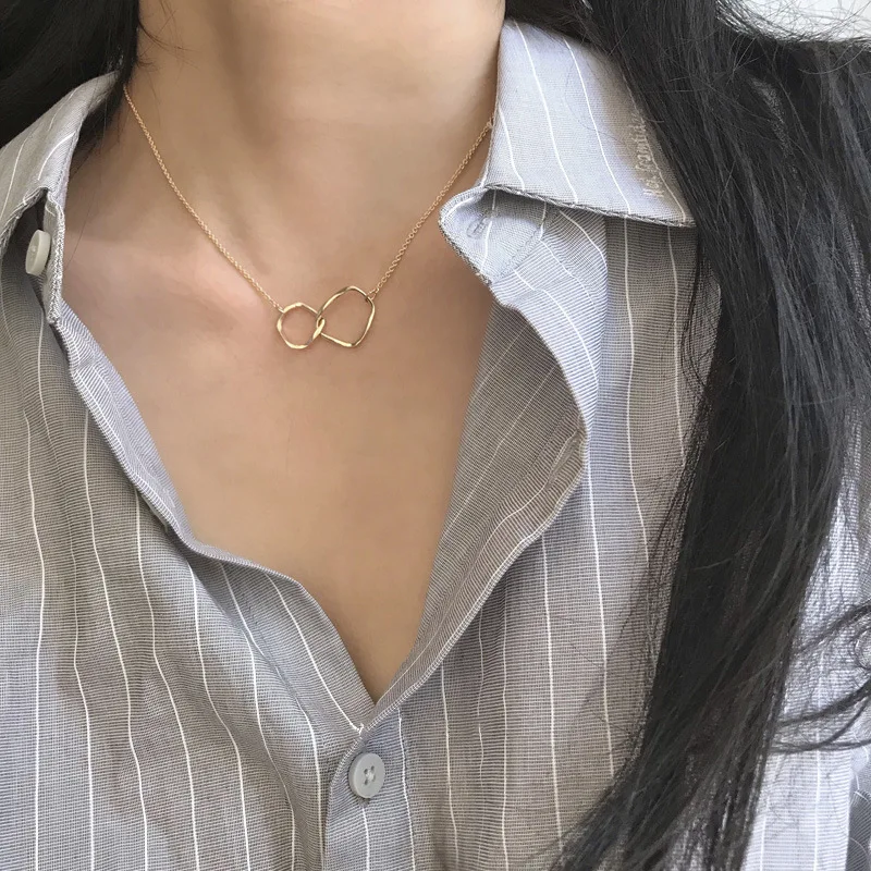 

Trendy New Simple Design Gold Color Geometric Double Ring Necklace for Women Female Clavicle Chain Cool Fashion Jewelry Gifts