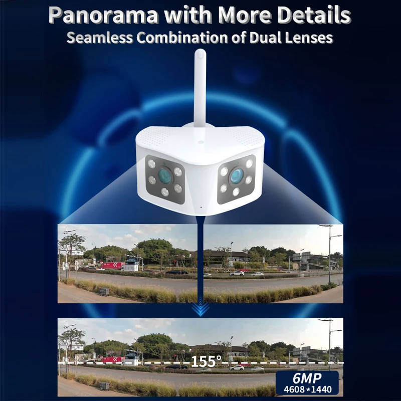 

Панорамная фиксированная камера 4K, 4 МП/6 МП, Wi-Fi, с двумя объективами, широкий угол обзора 165 °, уличная камера наблюдения с ии, обнаружением человека, мониторинг