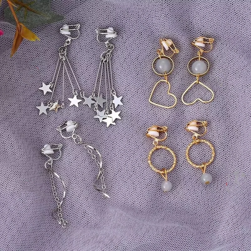 4 Pcs Korean Style Clip on Earrings No Pierced Earring for Women Flower Star Heart Fruit Ear Clip Jewelry Gift