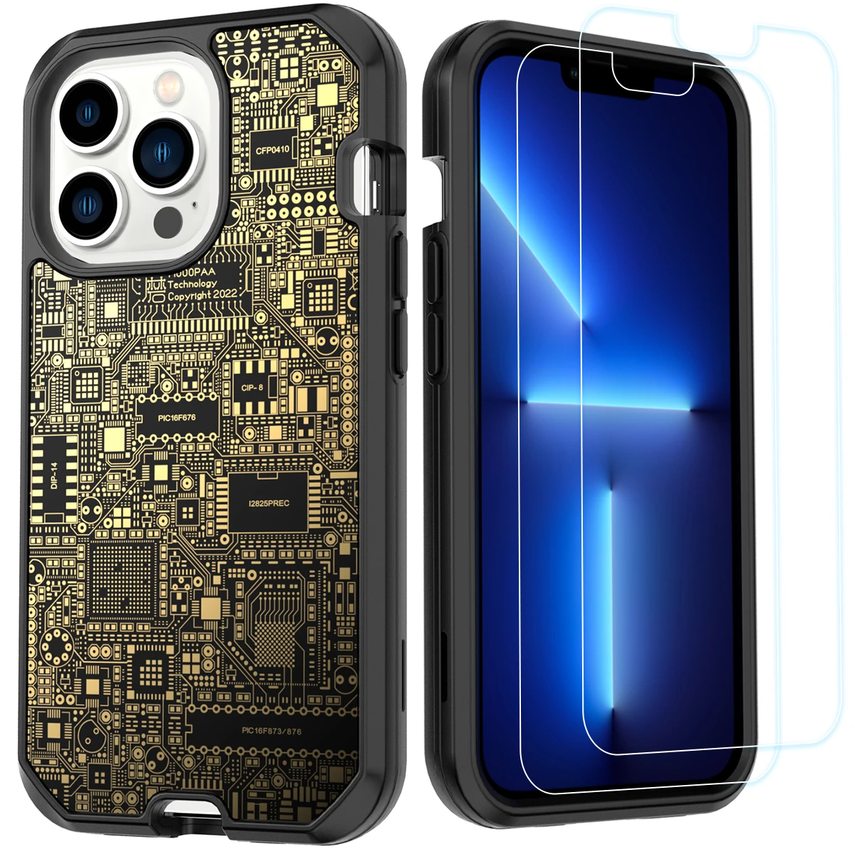 Case For iPhone 13 Pro Max Cover Handmade Original Plating Future Circuit Luxury Shockproof Case with 2 Pieces Glass Film