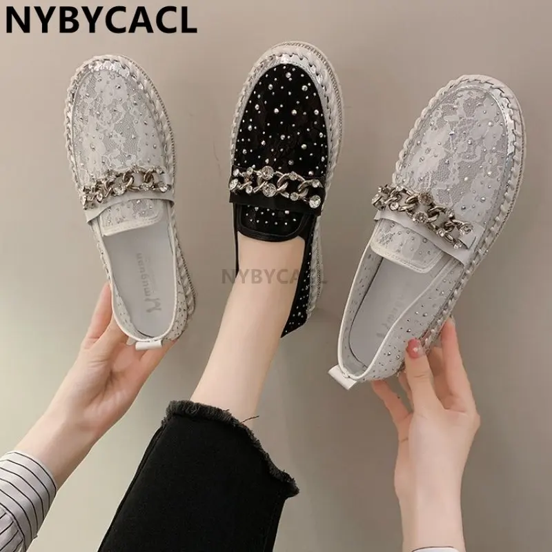 Luxury Diamonds Round Toe Summer Mesh Breathable Flats Crystals Chain Shoes Women Couple Platform Fashion Loafers Plus Size 43