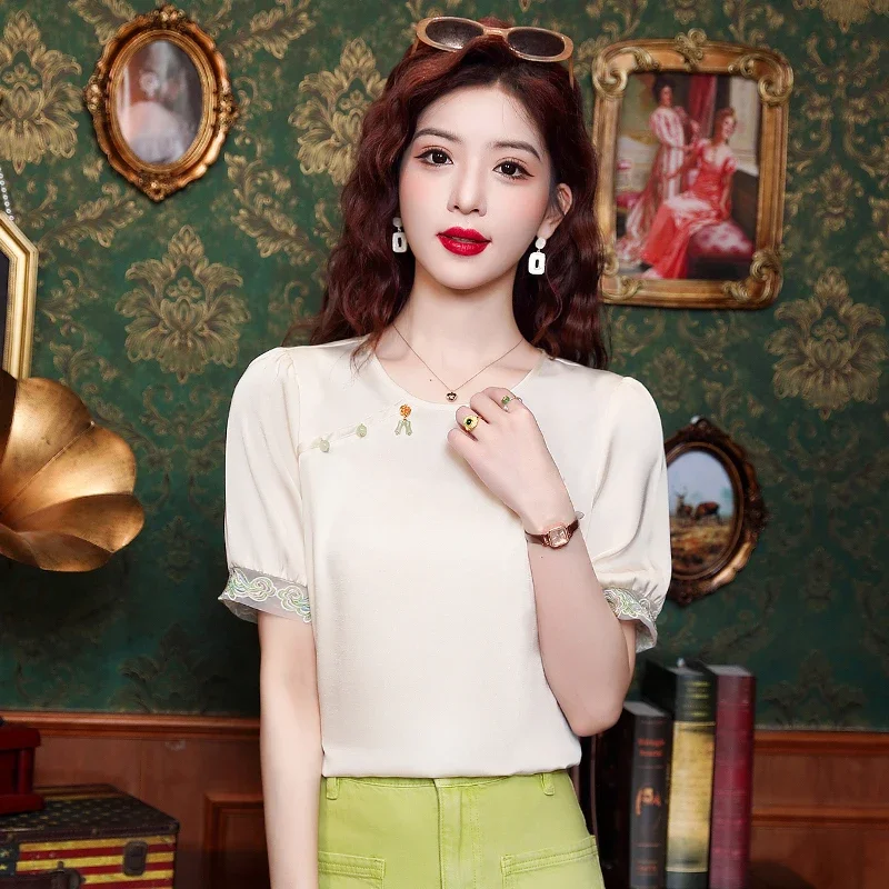 Женская шифоновая блузка с коротким рукавом и круглым вырезом