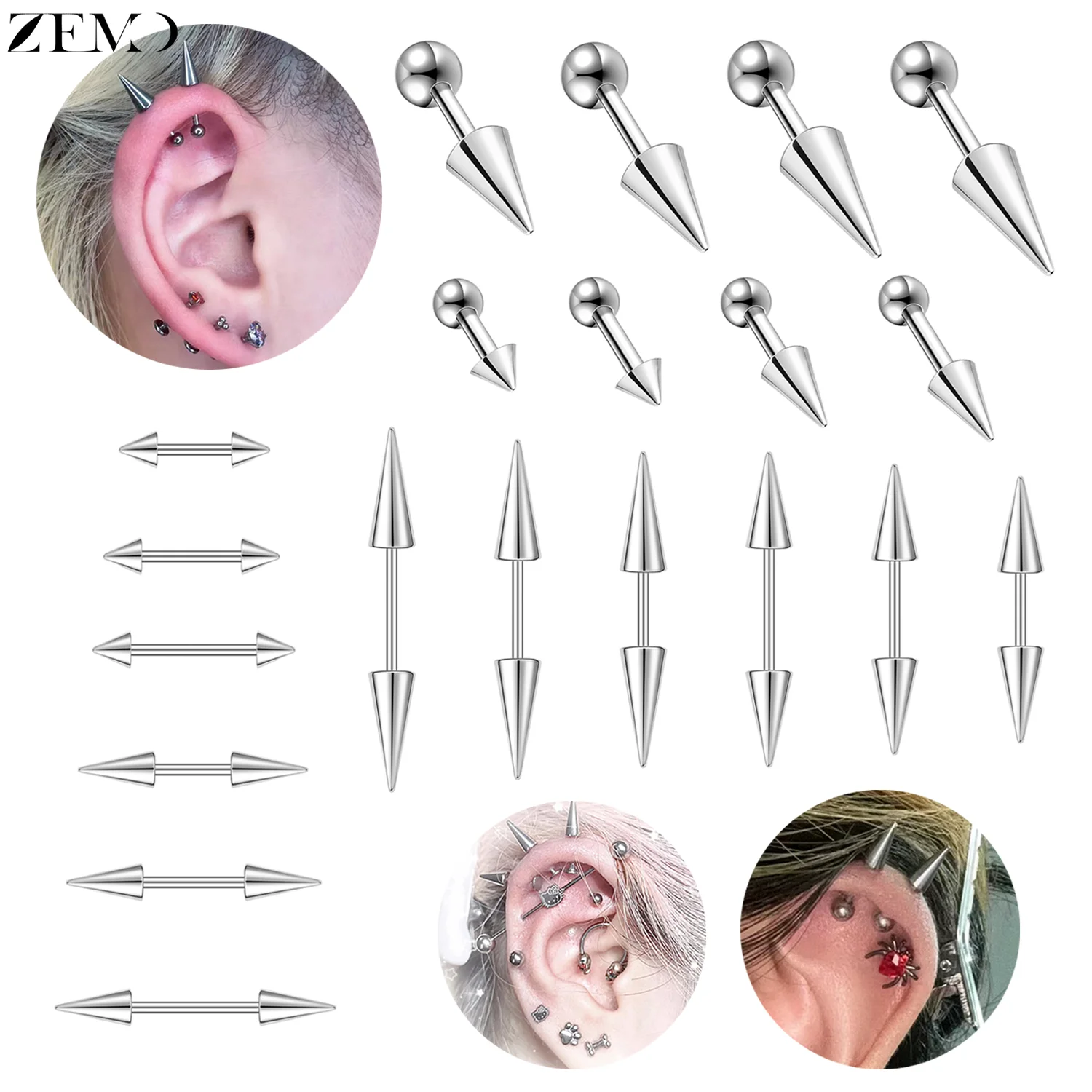 ZEMO 1 шт. 16 г/18 г серьги-гвоздики из нержавеющей стали в стиле панк серебряного