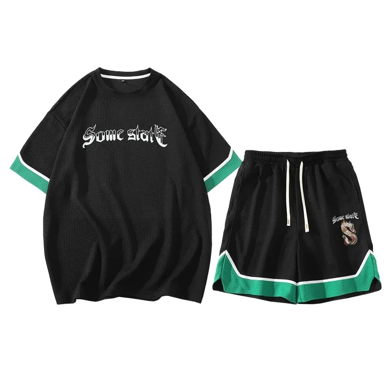 Waffle Suit Men's Set Summer Color Matching Loose Sports Casual Fashion Handsome Short Sleeve T-shirt Shorts Two Piece Set