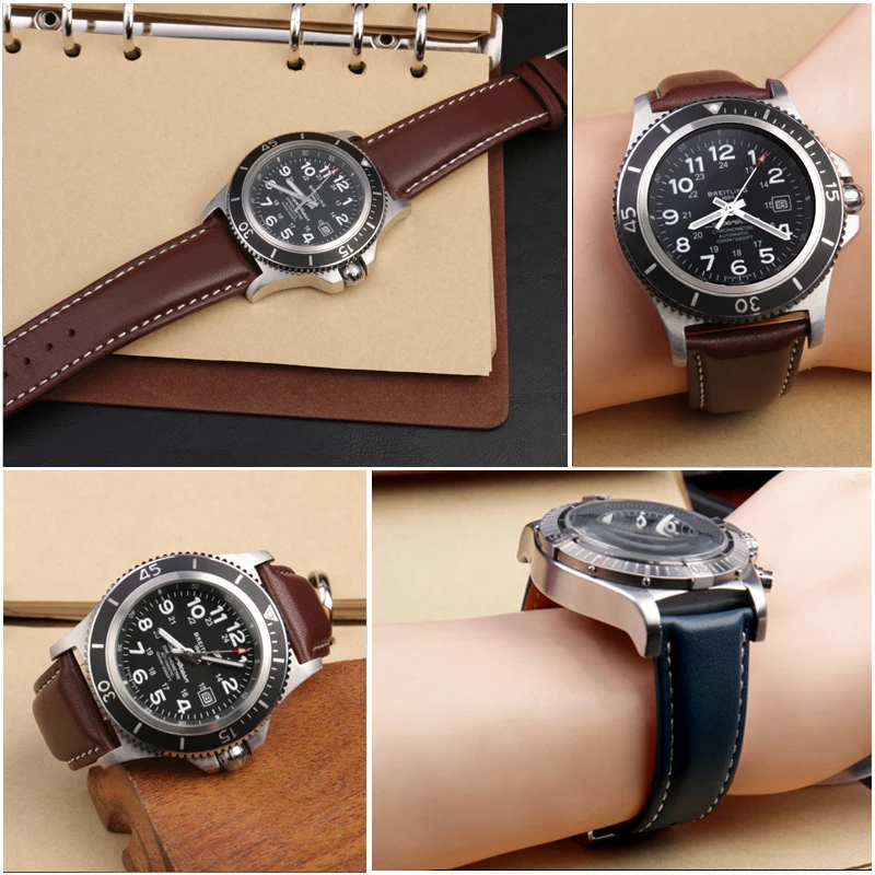 Фото Ремешок для часов из натуральной кожи 20 мм, 21 мм, 22 мм, 24 мм для Breitling Longines Tissot IWC, черный, коричневый, синий, мужской браслет из воловьей кожи №4