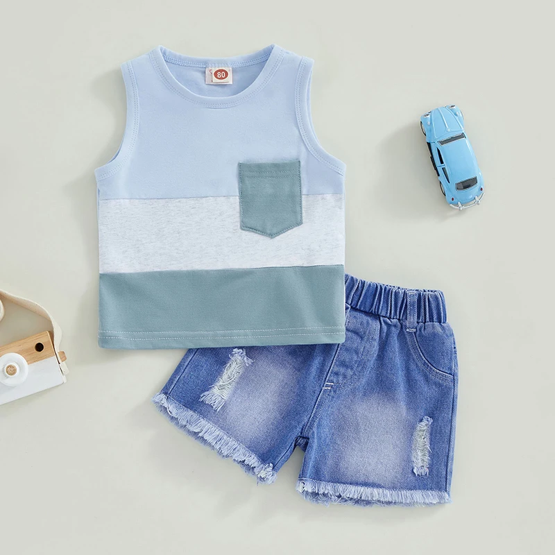 

2023-04-25 Lioraitiin 0-4Years Toddler Baby Boy 2Pcs Summer Clothes Sleeveless Patchwork Vest Top Ripped Denim Shorts