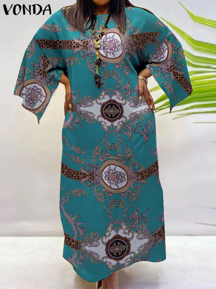 

2022 Spring Robe VONDA Women Oversized Vintage Print Party Maxi Long Dress Bohemian Flare Sleeve Holiday Casual Loose Sundress