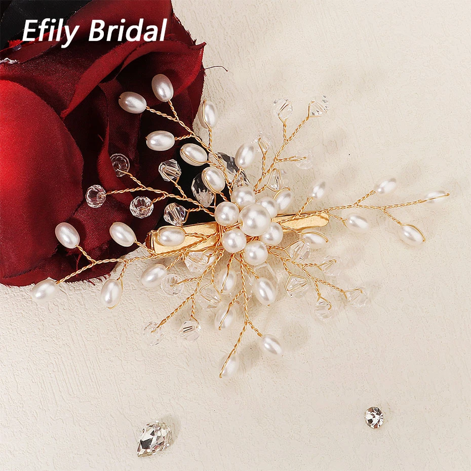 

Efily Handmade Pearl Crystal Bride Hair Clip Wedding Hair Accessories Gold Color Women Barrettes Bridal Headpiece Jewelry Gift