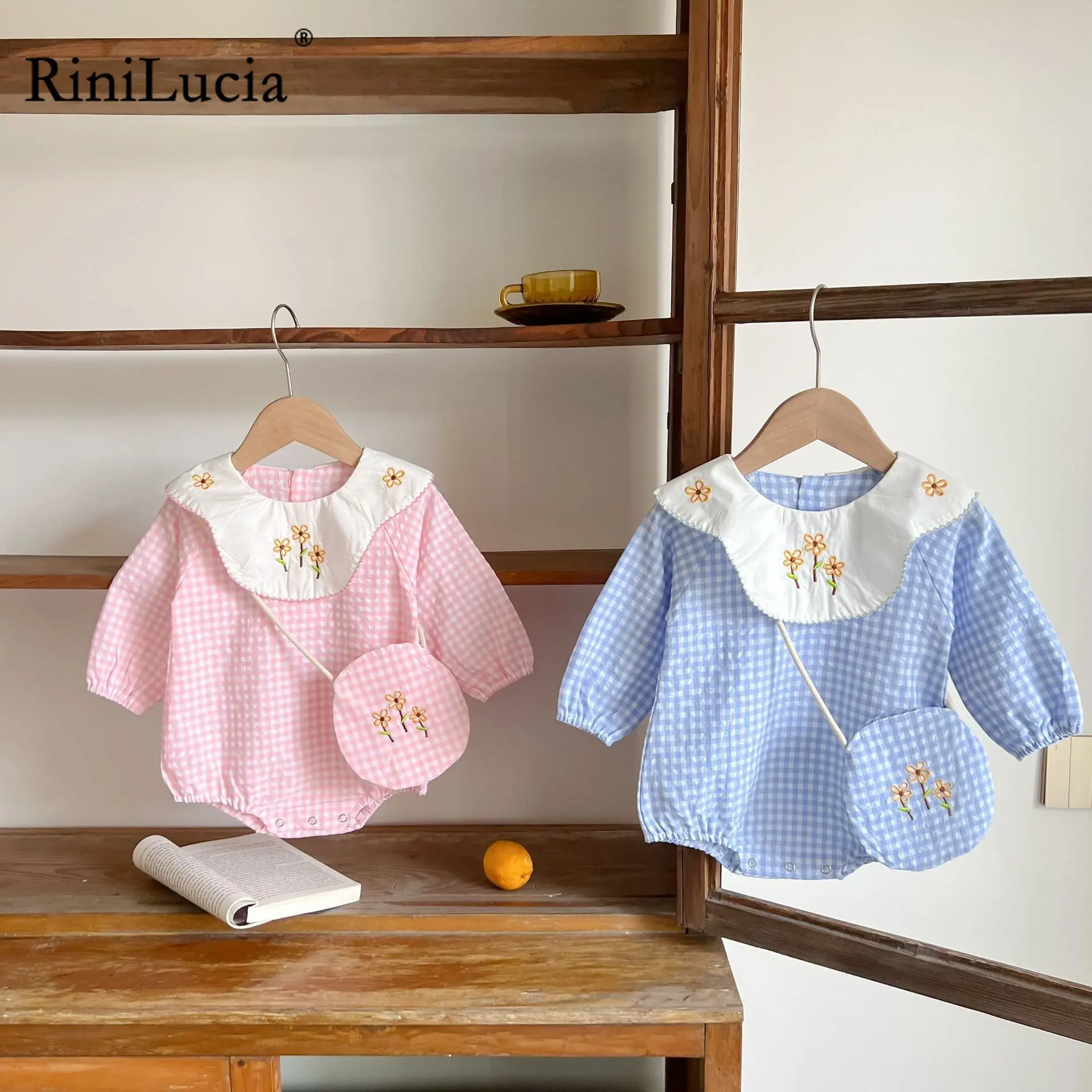 

RiniLucia Korean Infant Baby Girls Cotton Long Sleeve Flower Plaid Jumpsuit Toddler Baby Girl Rompers Autumn Baby Girl Clothes