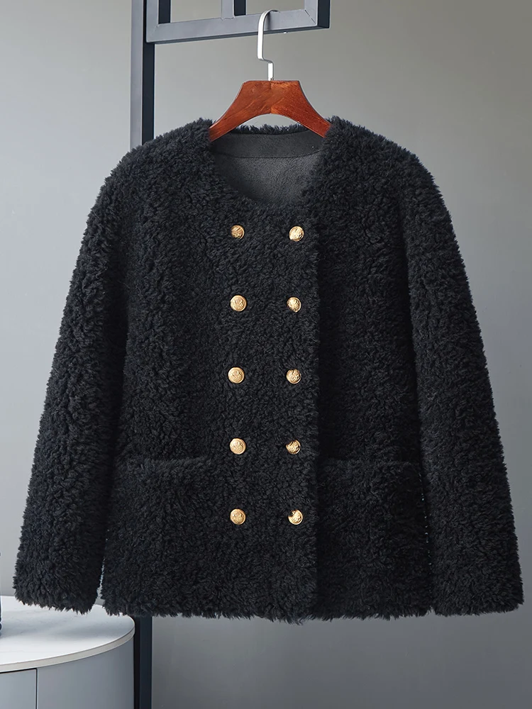2024 двухрядная золотая пряжка маленькая меховая верхняя одежда из овечьей шерсти