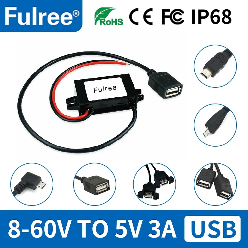 Type C Mini Micro USB 12V 24V 36V 48V to 5V 3A Out Car Phone Charger Adapter DC DC Step Down Power Converter 12 Volt to 5 Volt